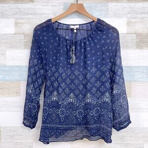 Joie Silk Crinkle Chiffon Peasant Blouse Blue Bandana Print Sheer Womens XS